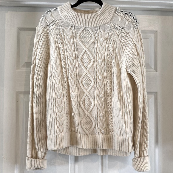 J. Crew Sweaters - J. CREW Lambs Wool Women’s Thick Cream Cable Knit Pom Pom Design Sweater US XL